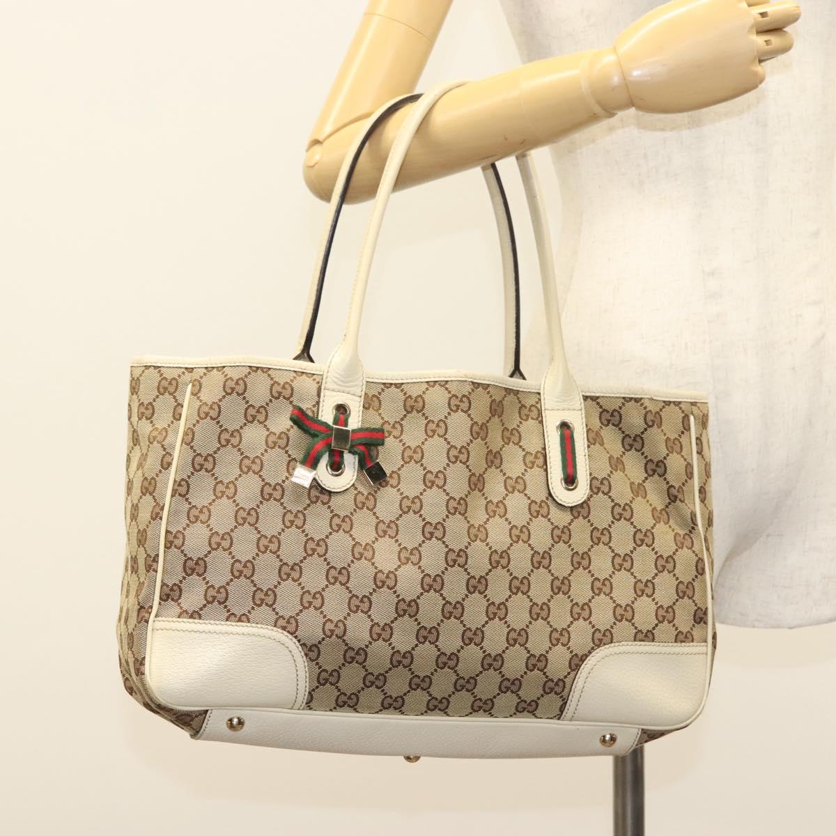GUCCI GG Canvas Web Sherry Line Pretty Tote Bag Beige Gold 163805 Auth BA4357