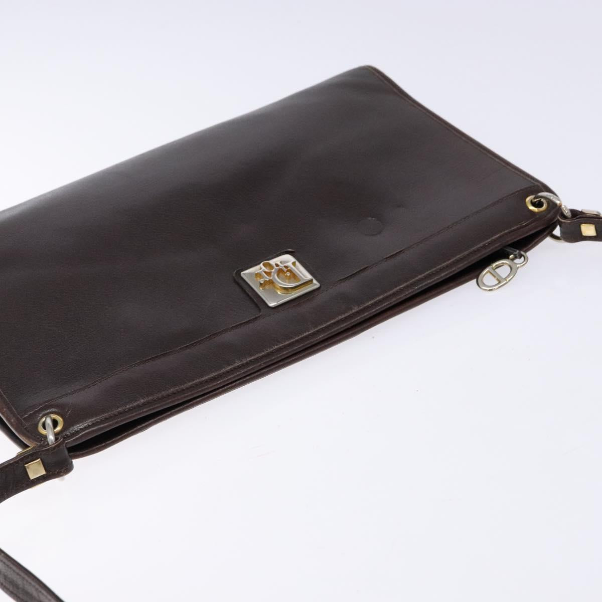 Christian Dior Shoulder Bag Leather Dark Brown Gold Auth BA4358