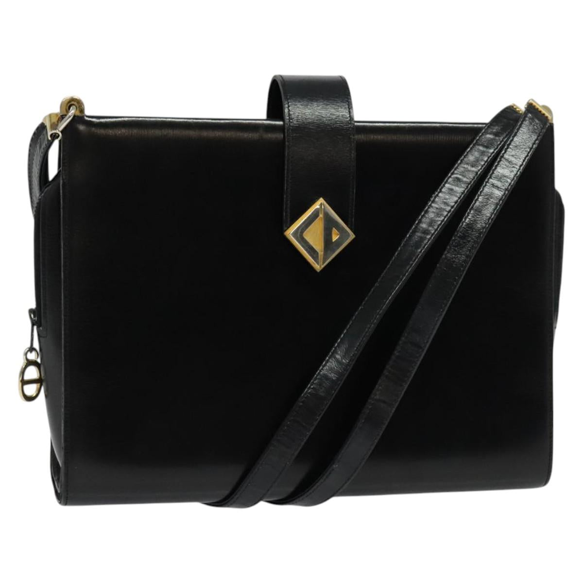 Christian Dior Shoulder Bag Leather Black Gold Auth BA4359