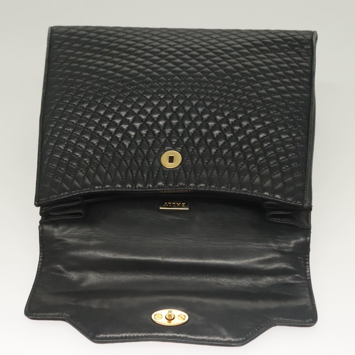 BALLY Quilted Hand Bag Leather Black Gold Auth BA4372