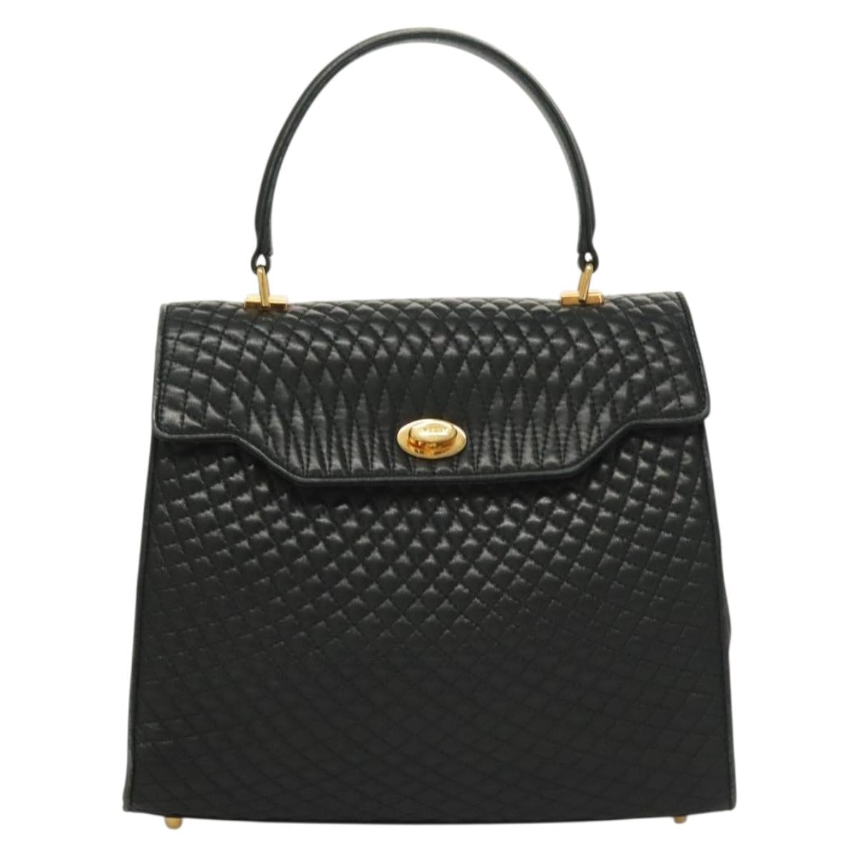 BALLY Quilted Hand Bag Leather Black Gold Auth BA4372