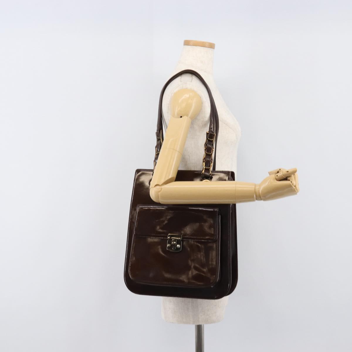 VERSACE Shoulder Bag Patent Leather Brown Gold Auth BA4407