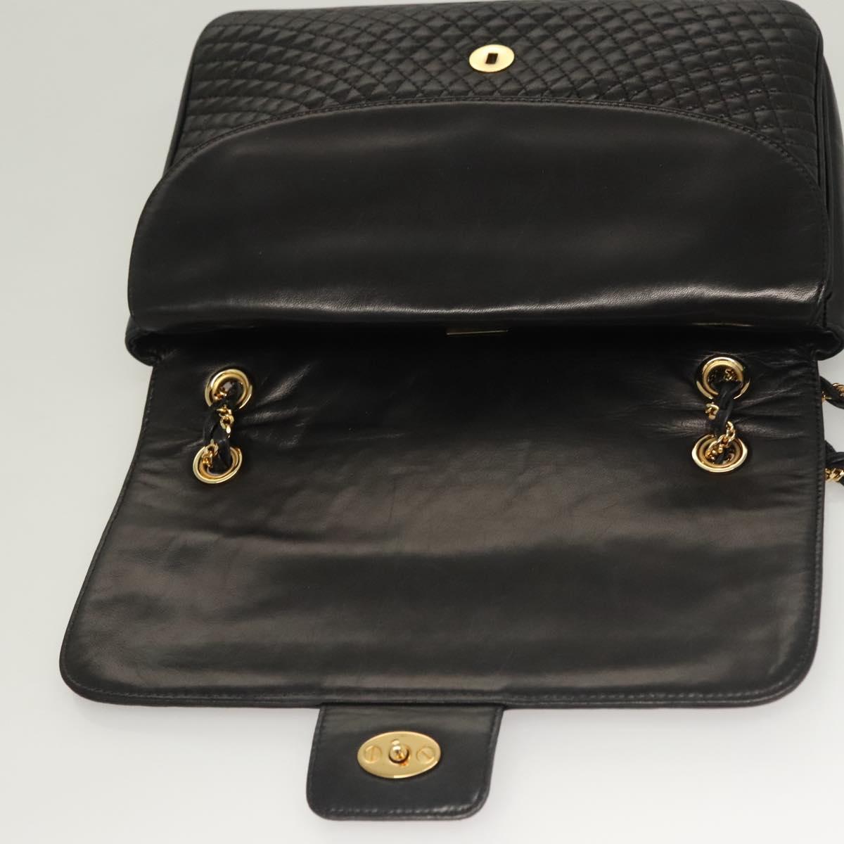 BALLY Quilted Chain Shoulder Bag Leather Black Gold Auth BA4443