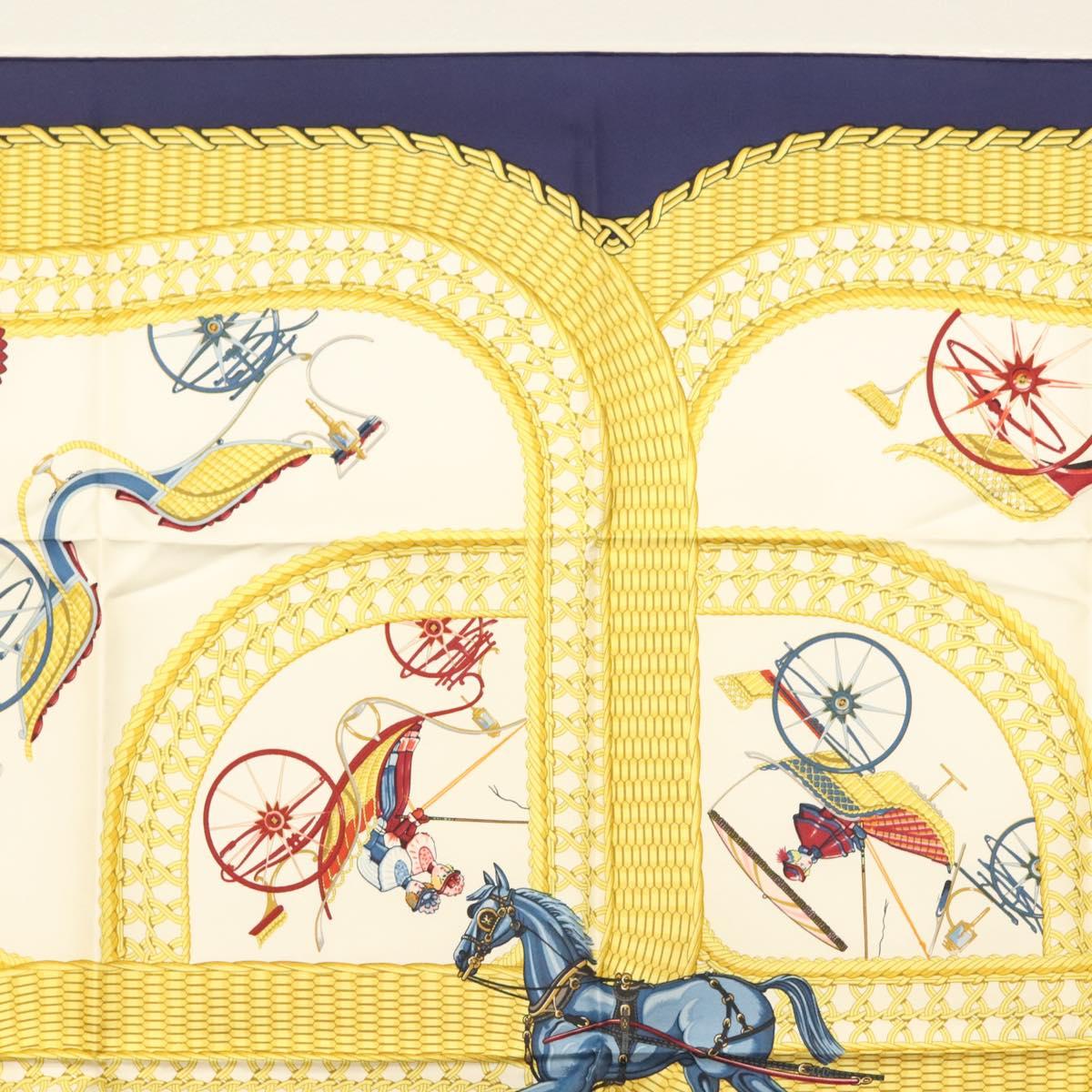 HERMES Carre 90 Scarf ""VOITURES PANIERS"" Silk White Auth BA4559