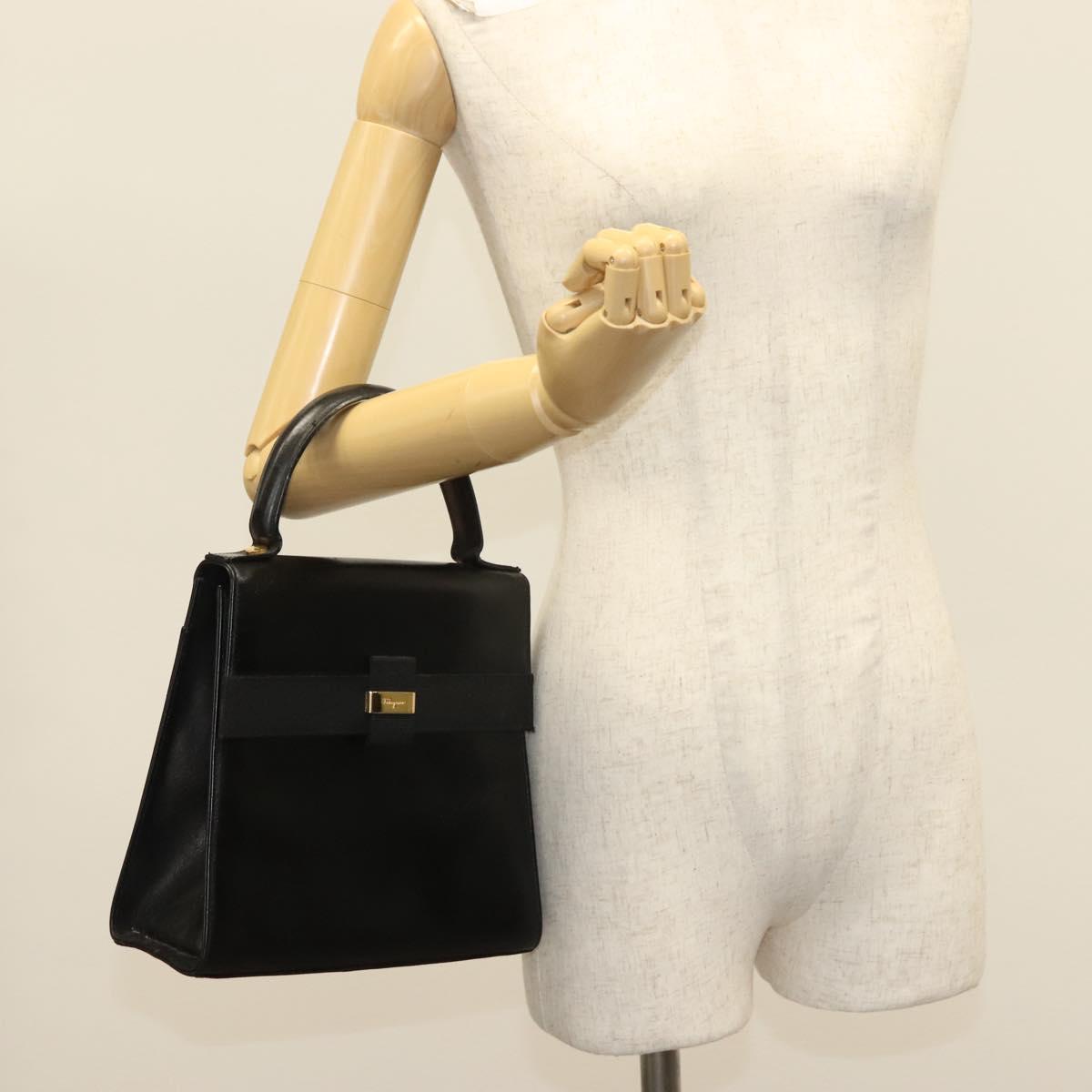 Salvatore Ferragamo Vala Hand Bag Leather Black Gold Auth BA4594