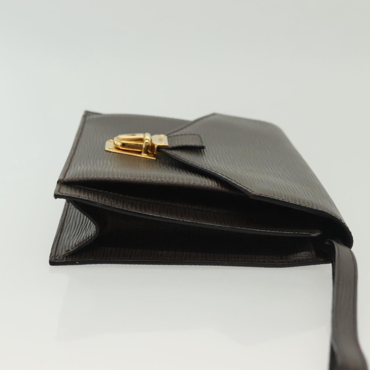 FENDI Clutch Bag Leather Dark Brown Gold Auth BA4627