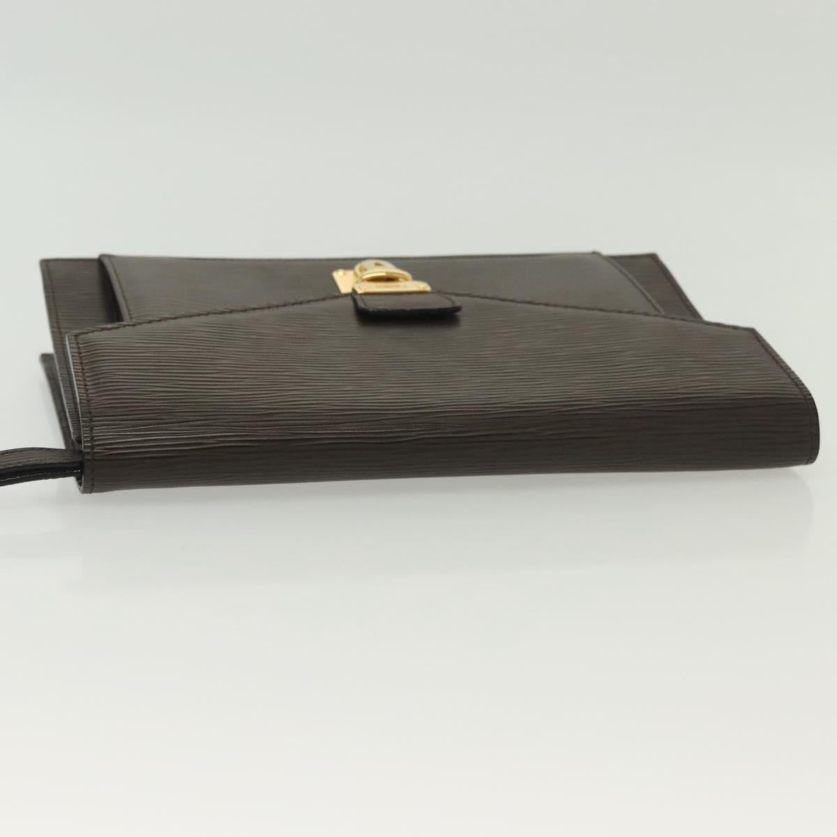 FENDI Clutch Bag Leather Dark Brown Gold Auth BA4627
