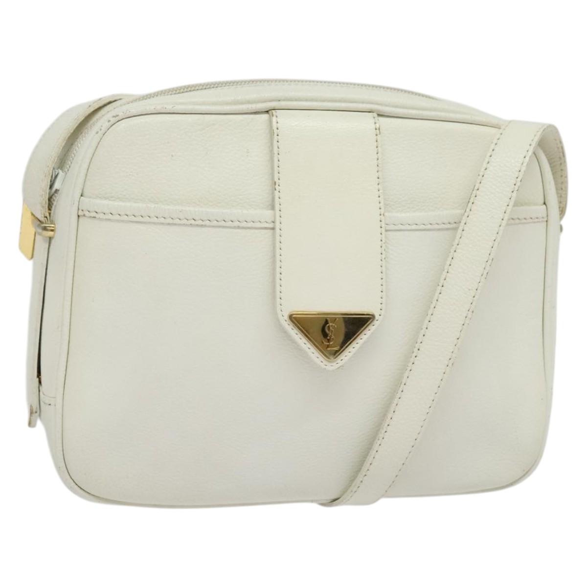 SAINT LAURENT Shoulder Bag Leather White Gold Auth BA4681