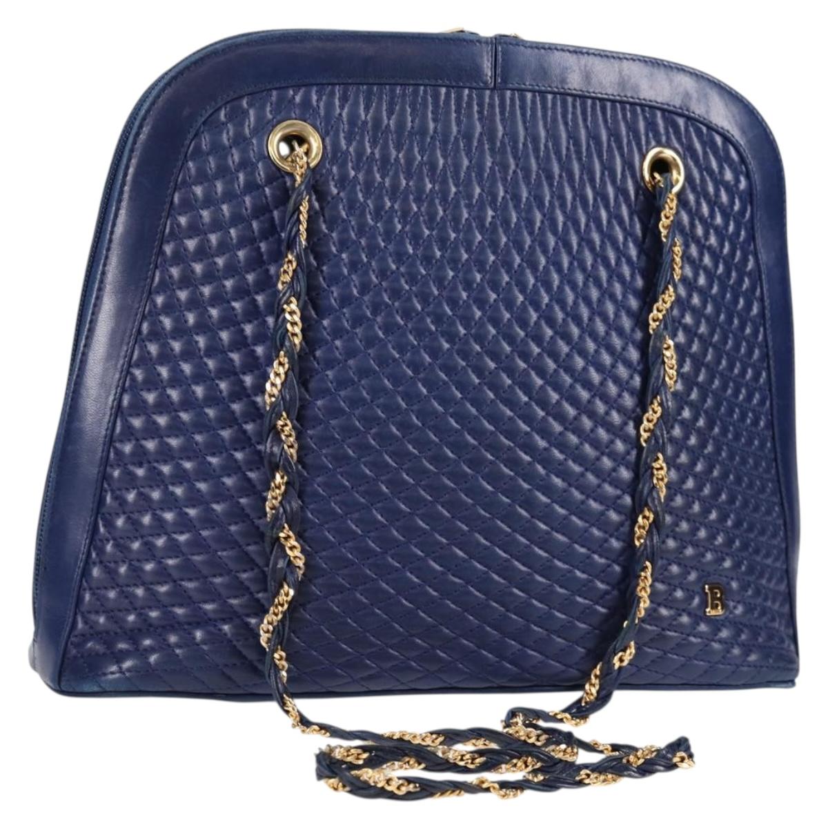 BALLY Quilted Chain Shoulder Bag Leather Blue Gold Auth BA4685
