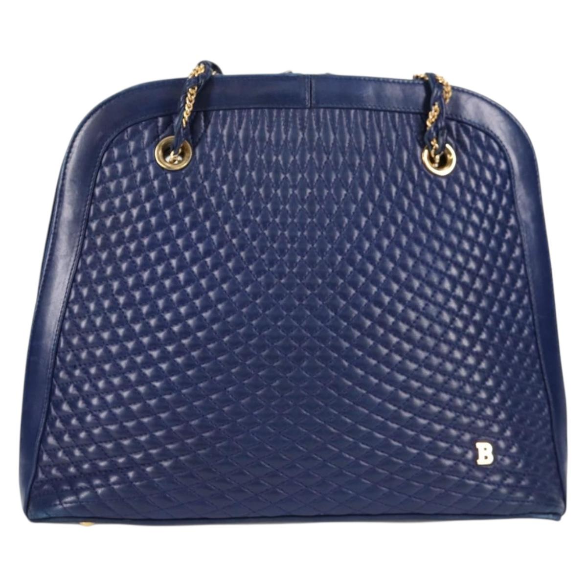 BALLY Quilted Chain Shoulder Bag Leather Blue Gold Auth BA4685