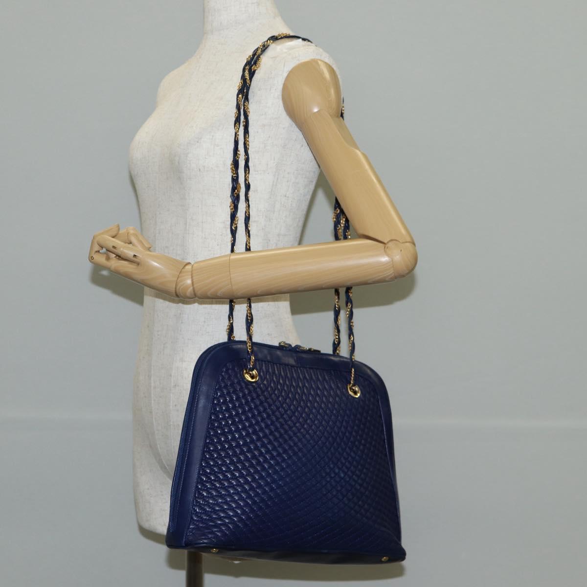 BALLY Quilted Chain Shoulder Bag Leather Blue Gold Auth BA4685
