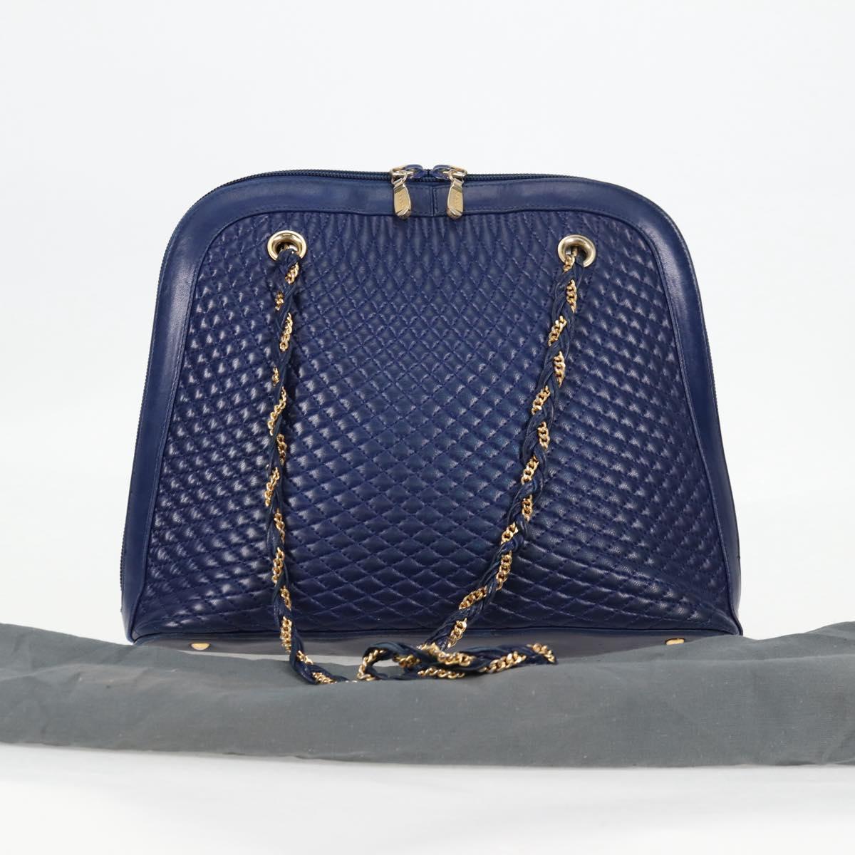 BALLY Quilted Chain Shoulder Bag Leather Blue Gold Auth BA4685