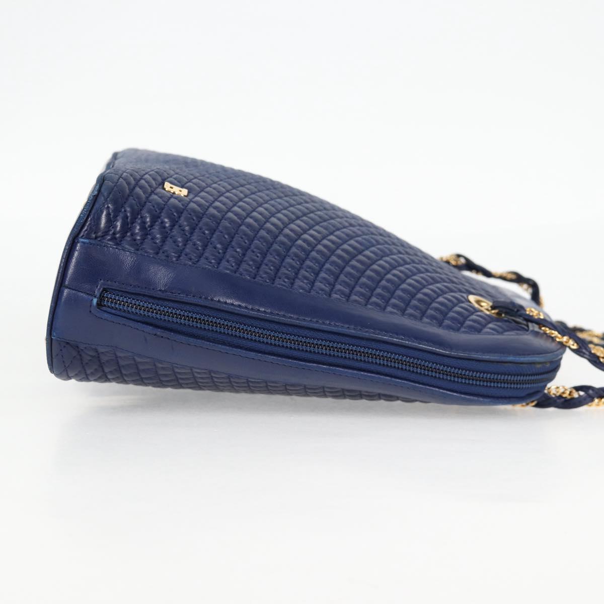 BALLY Quilted Chain Shoulder Bag Leather Blue Gold Auth BA4685