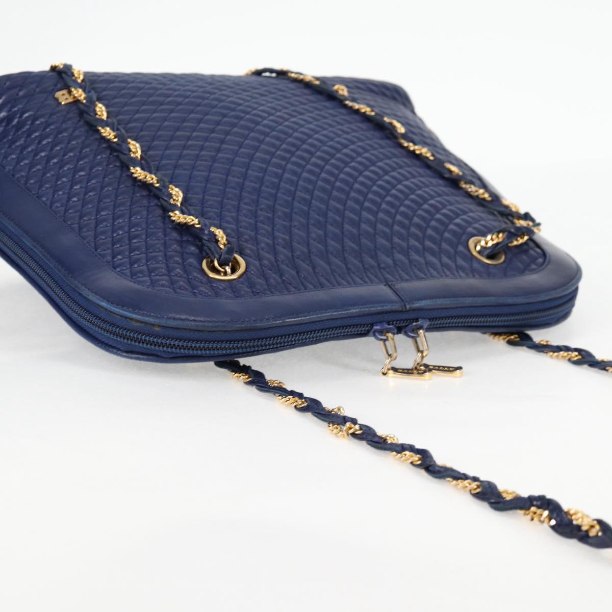 BALLY Quilted Chain Shoulder Bag Leather Blue Gold Auth BA4685