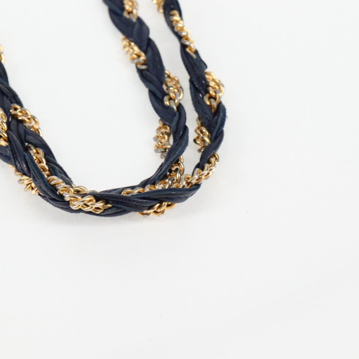 BALLY Quilted Chain Shoulder Bag Leather Blue Gold Auth BA4685