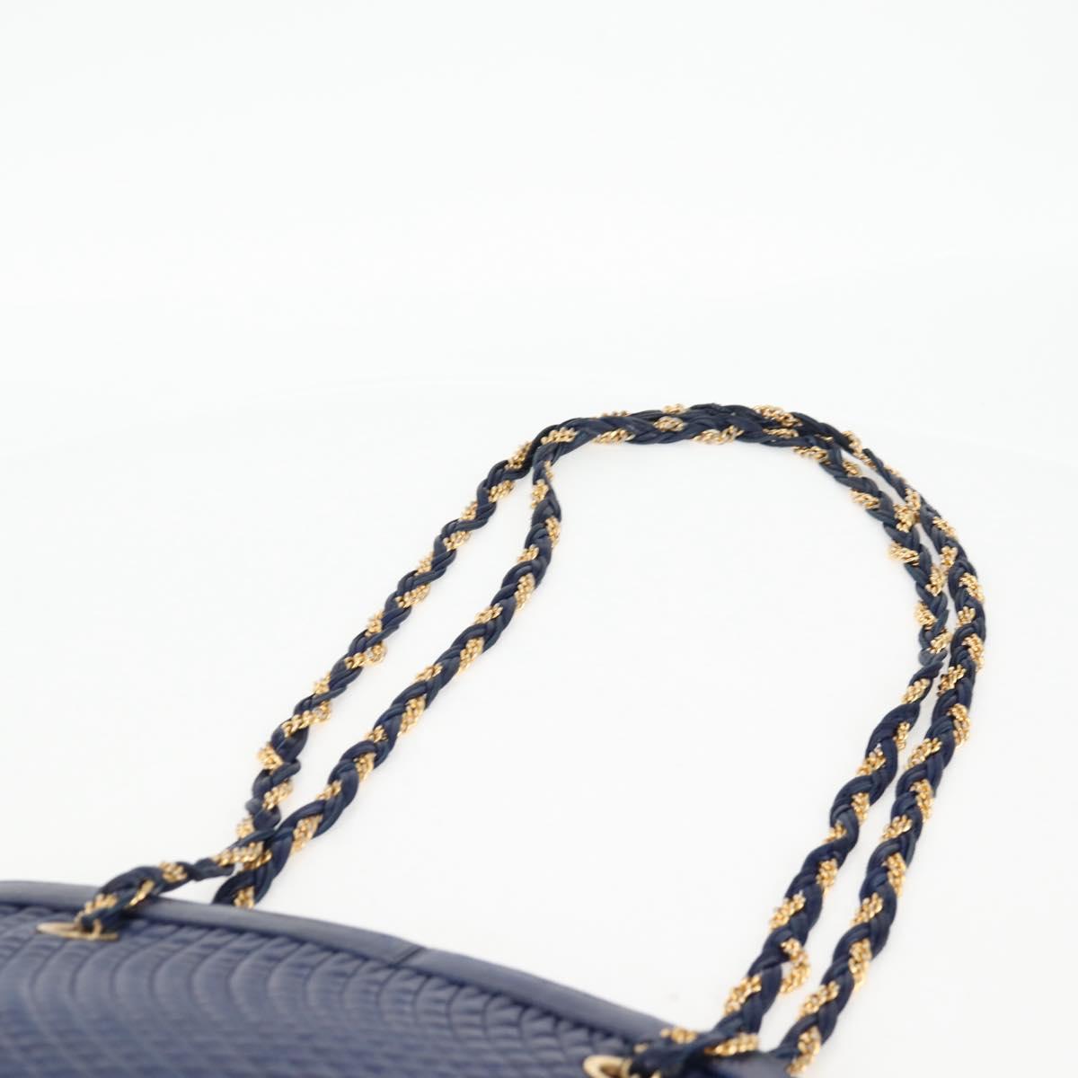 BALLY Quilted Chain Shoulder Bag Leather Blue Gold Auth BA4685