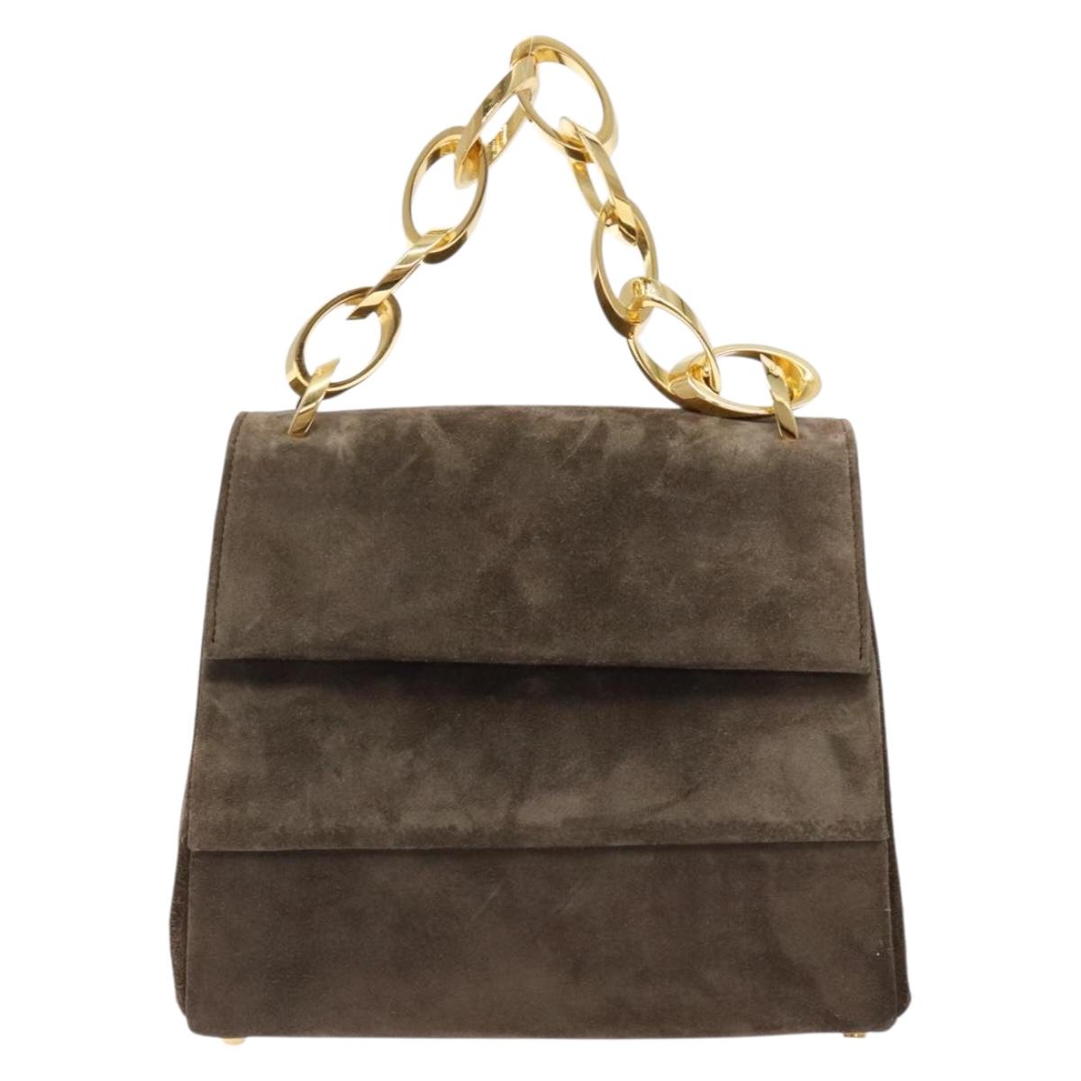 Salvatore Ferragamo Chain Hand Bag Suede Gray Gold Auth BA4690