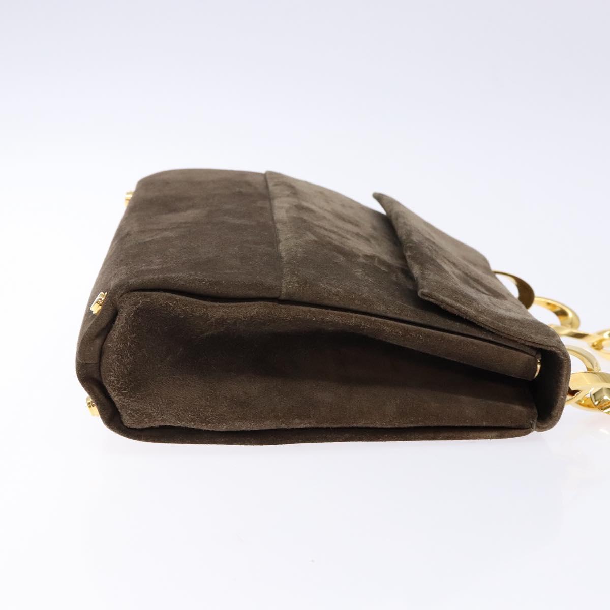 Salvatore Ferragamo Chain Hand Bag Suede Gray Gold Auth BA4690