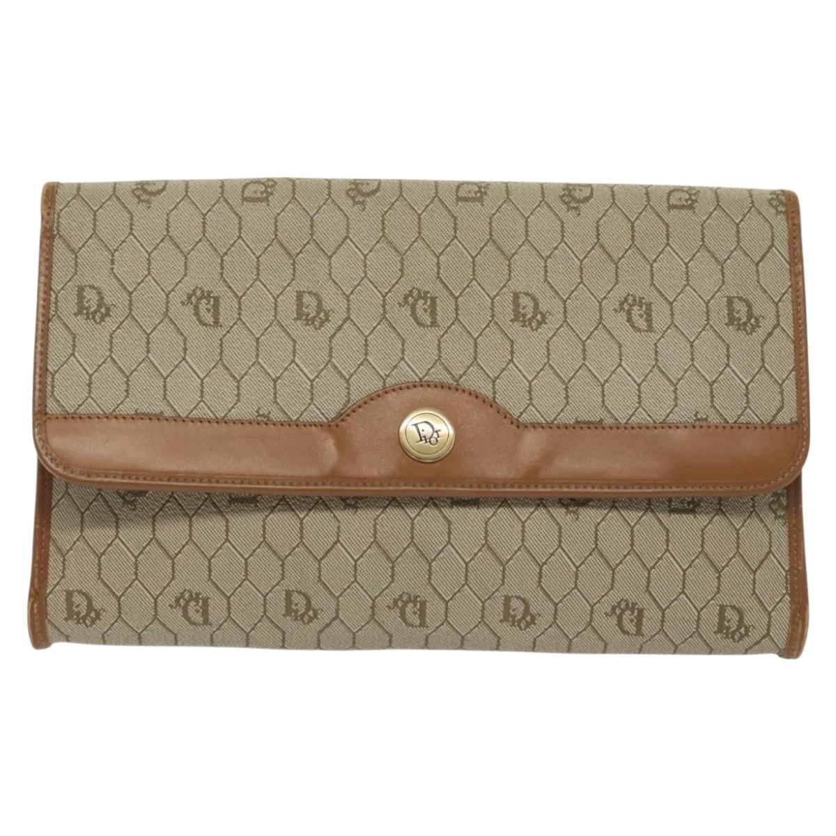 Christian Dior Honeycomb Canvas Chain Shoulder Bag PVC Beige Gold Auth BA4743