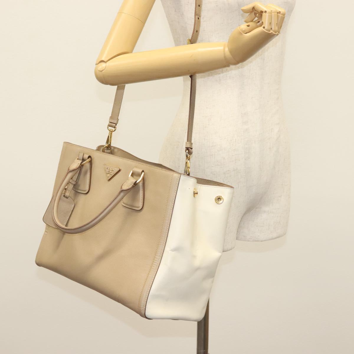 PRADA Hand Bag Safiano Leather 2way Beige Gold Auth BA4750