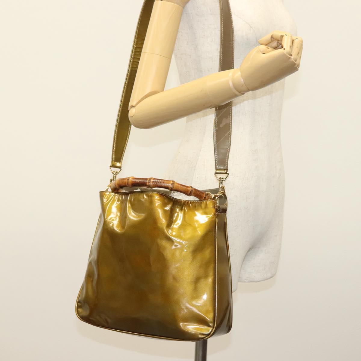 GUCCI Bamboo Hand Bag Patent leather 2way Beige Gold 001 1014 1638 0 Auth BA4761