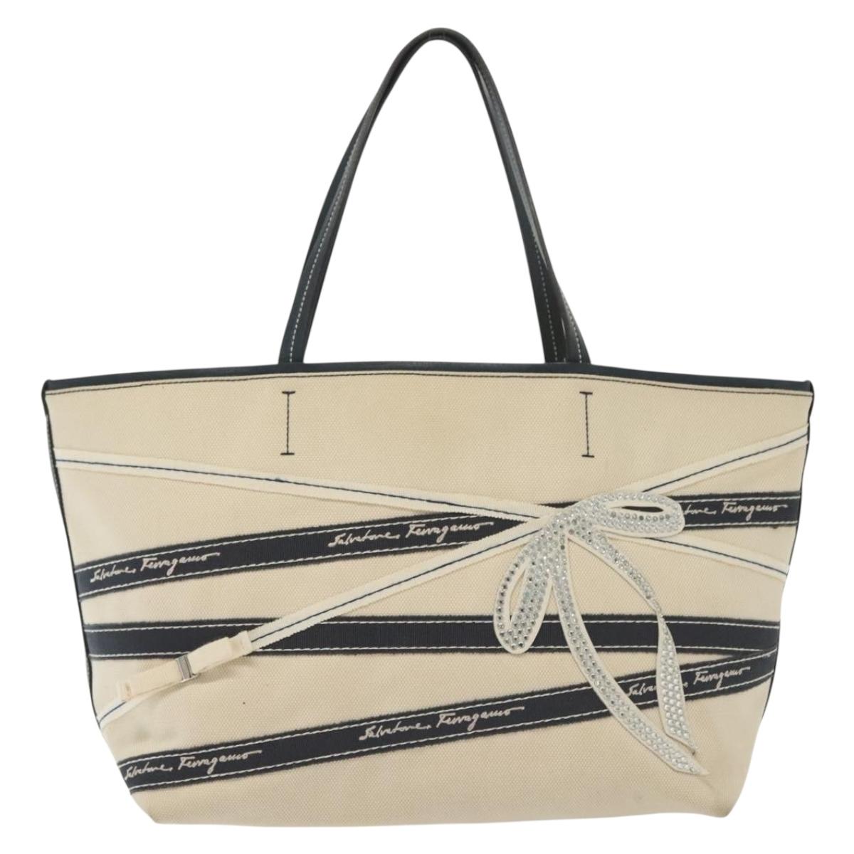 Salvatore Ferragamo Vala Vala Tote Bag Canvas Beige Navy Silver Auth BA4763