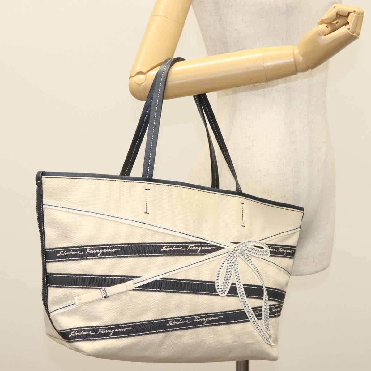 Salvatore Ferragamo Vala Vala Tote Bag Canvas Beige Navy Silver Auth BA4763