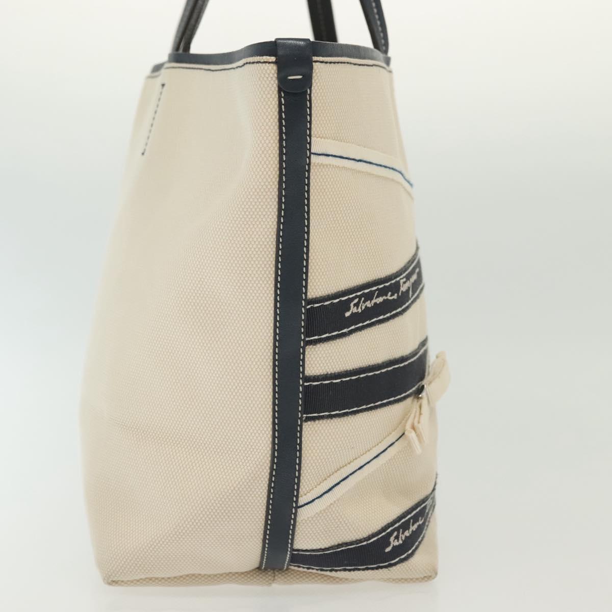 Salvatore Ferragamo Vala Vala Tote Bag Canvas Beige Navy Silver Auth BA4763