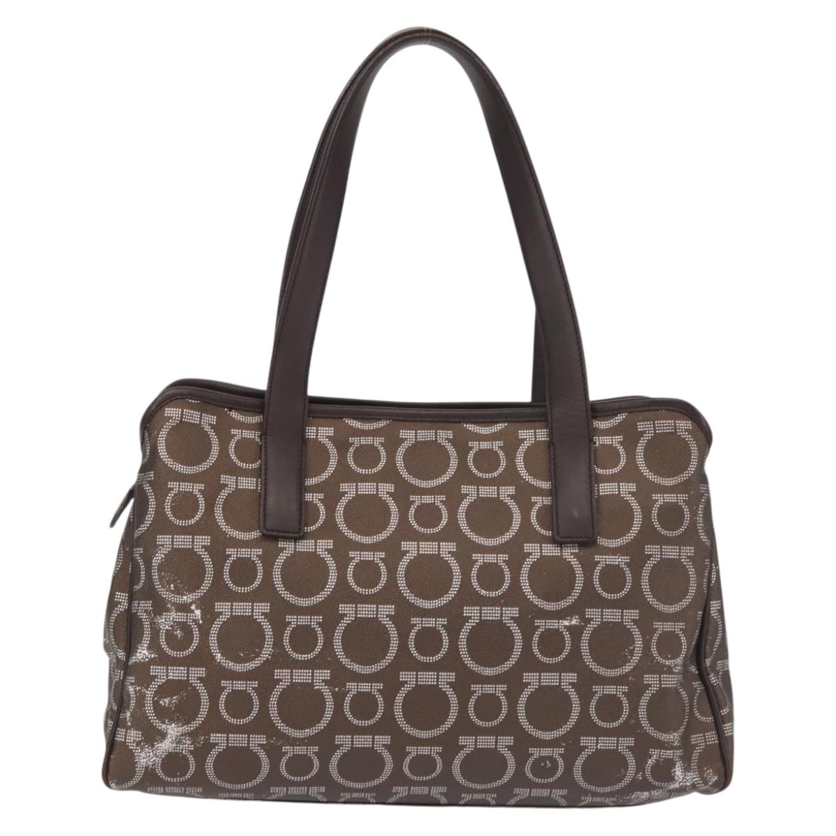Salvatore Ferragamo Shoulder Bag PVC Leather Dark Brown Silver Auth BA4805