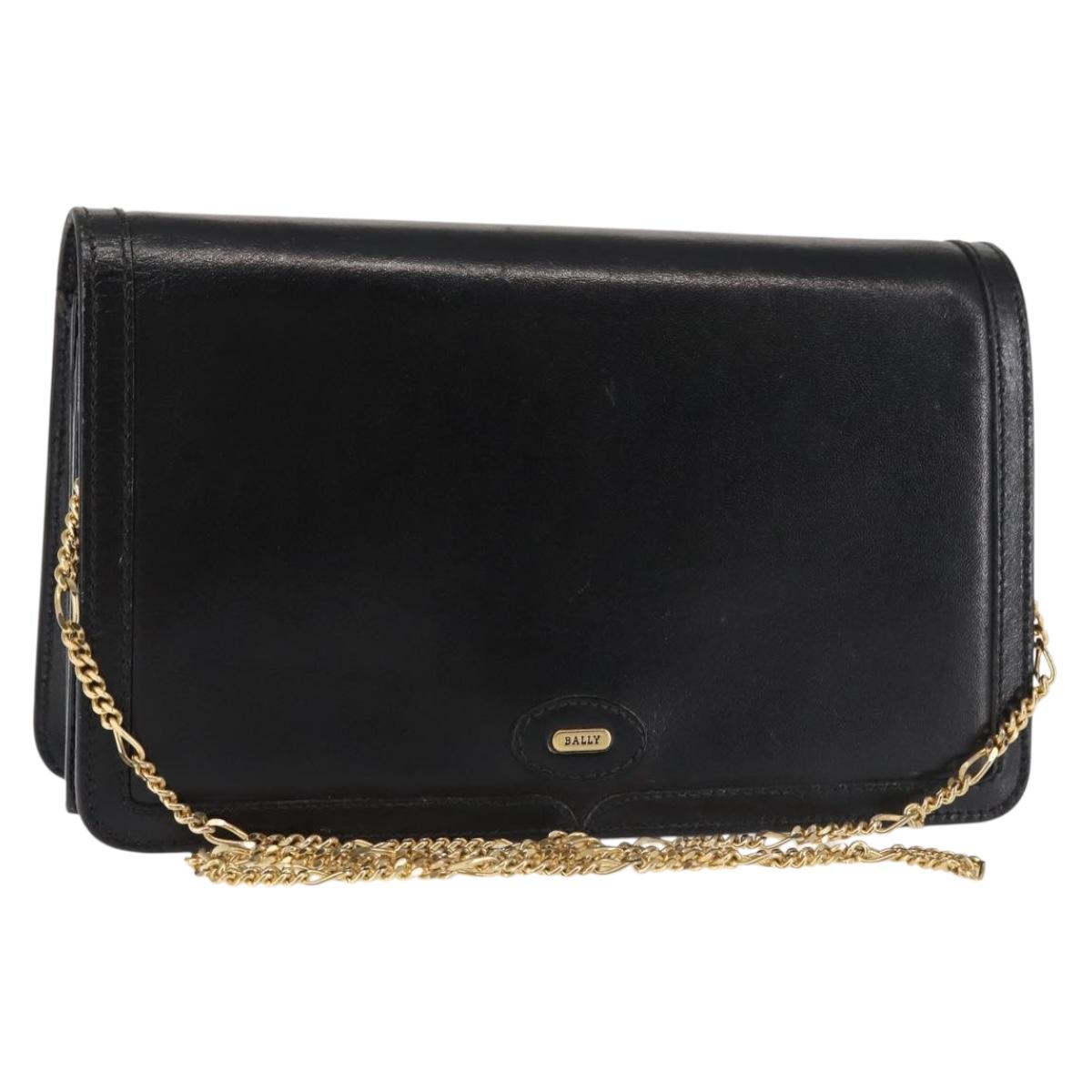 BALLY Wallet Chain Shoulder Bag Leather Black Gold Auth BA4808
