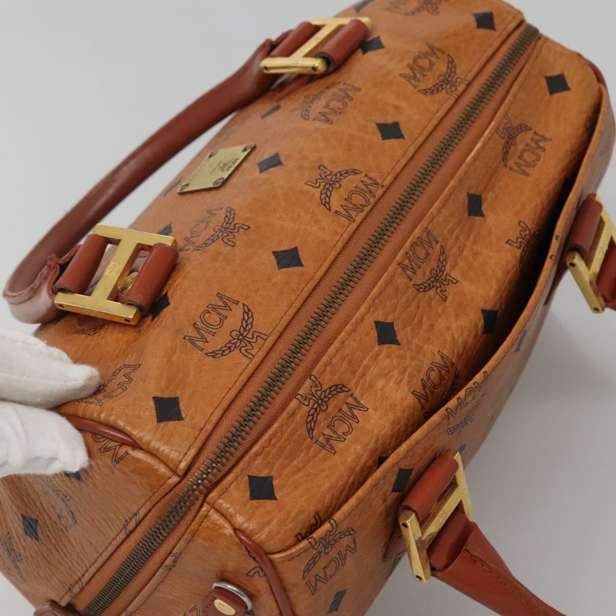 MCM Logogram Vicetos Boston Bag PVC Leather Brown Gold Auth BA4839