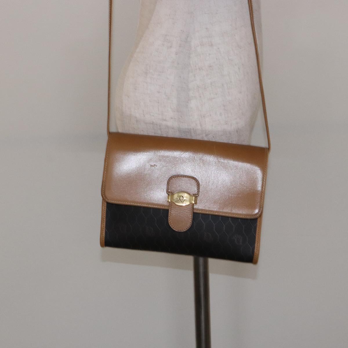 Christian Dior Honeycomb Canvas Shoulder Bag PVC Black Gold Auth BA4862