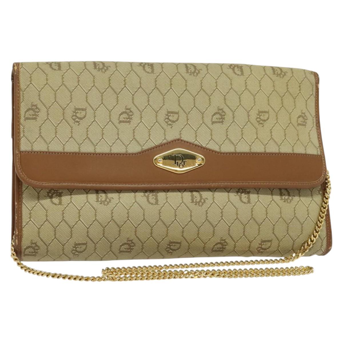 Christian Dior Honeycomb Canvas Chain Shoulder Bag PVC Beige Gold Auth BA4864