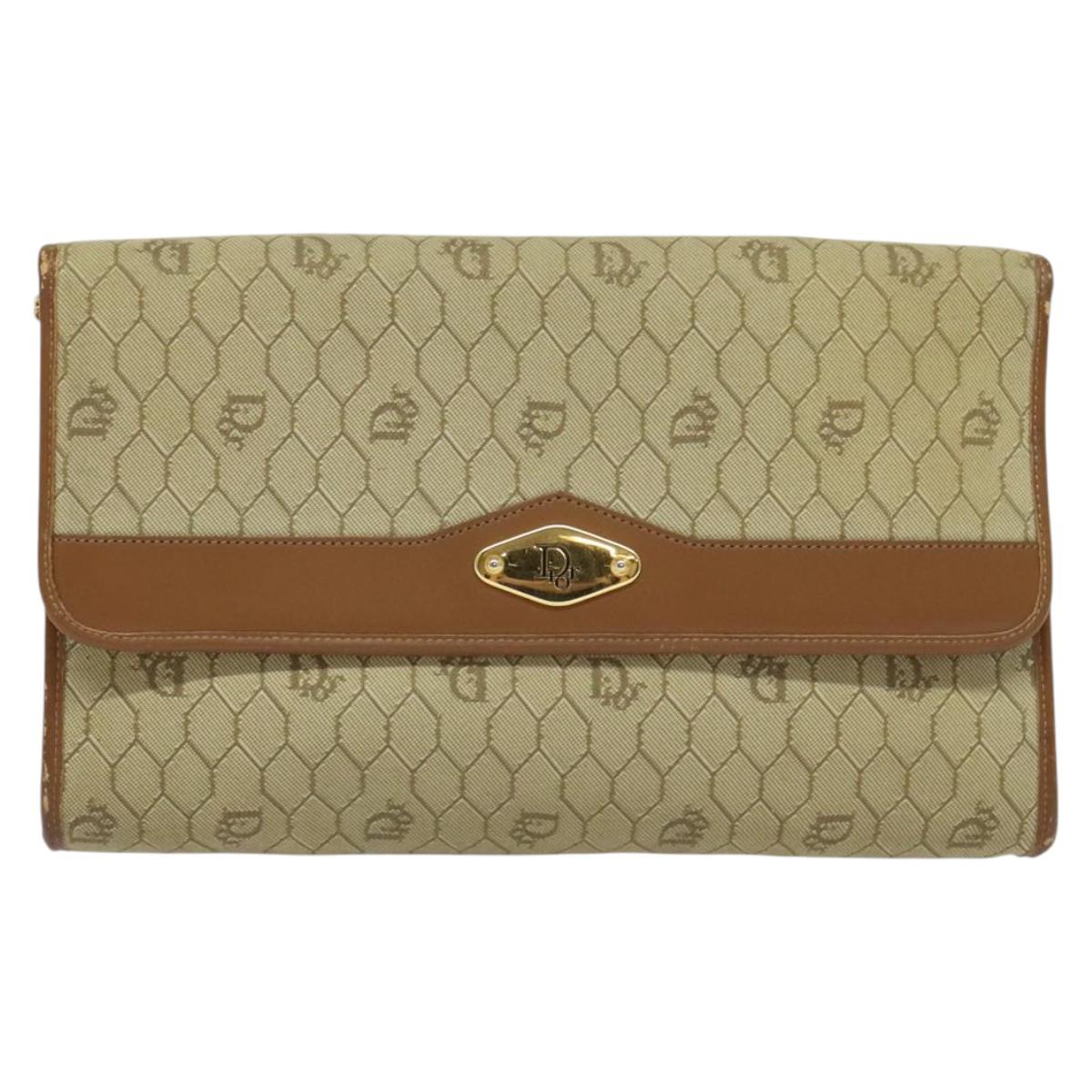 Christian Dior Honeycomb Canvas Chain Shoulder Bag PVC Beige Gold Auth BA4864