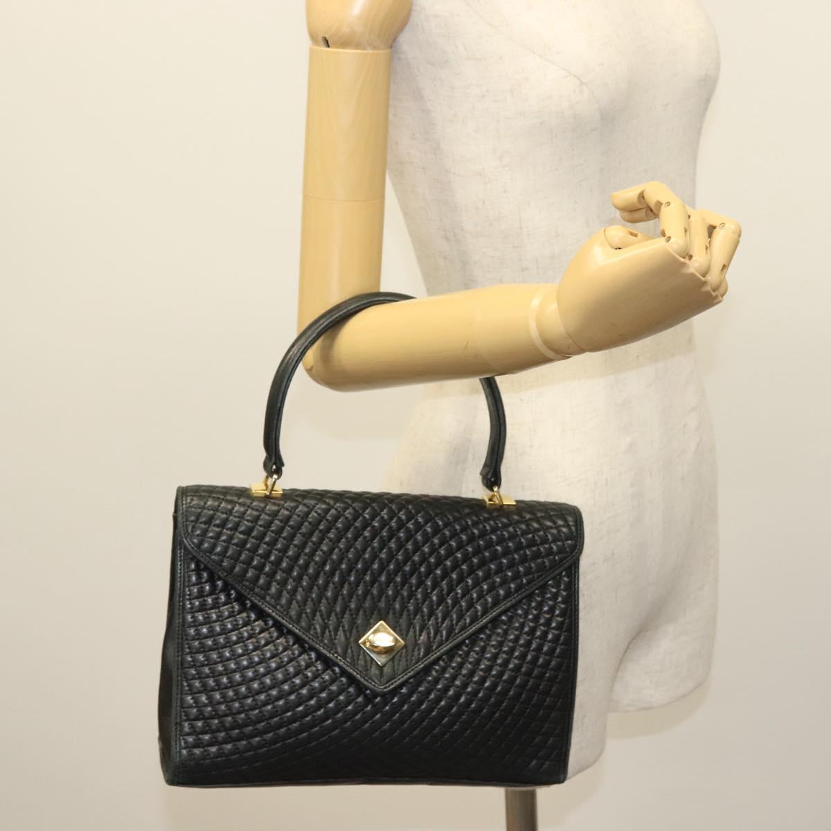 BALLY Hand Bag Leather Black Gold Auth BA4872