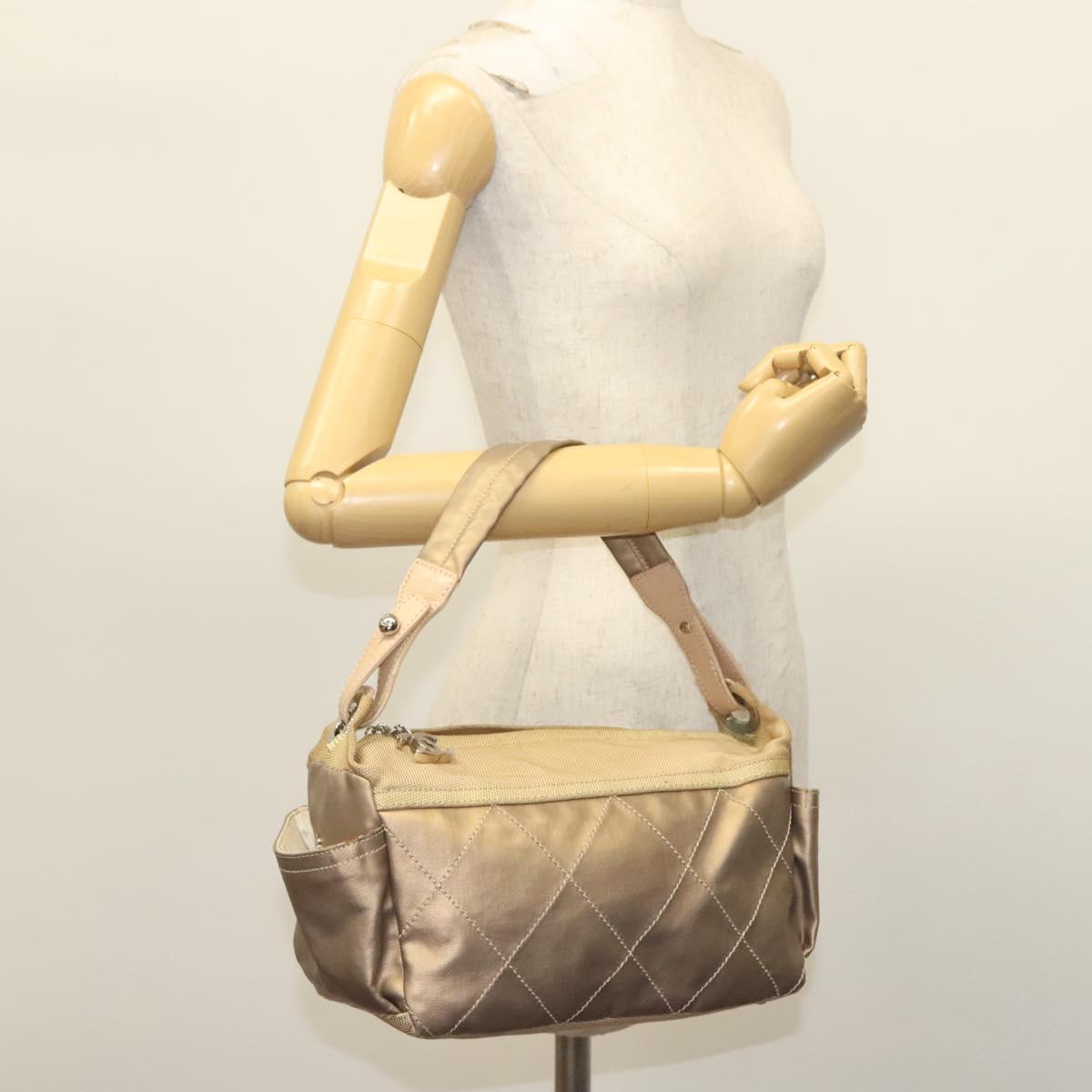 CHANEL Paris Biarritz Shoulder Bag Coated Canvas Beige Silver CC Auth BA4942