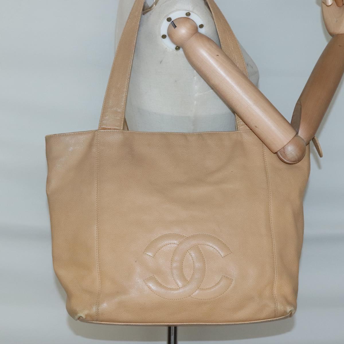 CHANEL COCO Mark Tote Bag Caviar Skin Beige Gold CC Auth BA4943