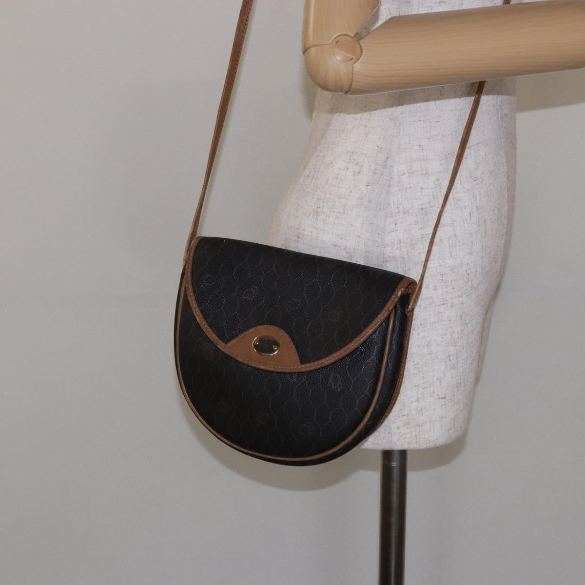 Christian Dior Honeycomb Canvas Shoulder Bag PVC Black Gold Auth BA4962