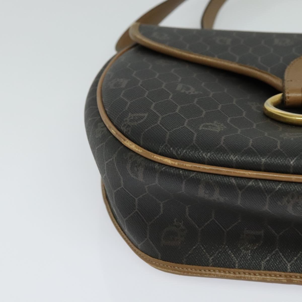 Christian Dior Honeycomb Canvas Shoulder Bag PVC Leather Black Brown Auth BA497