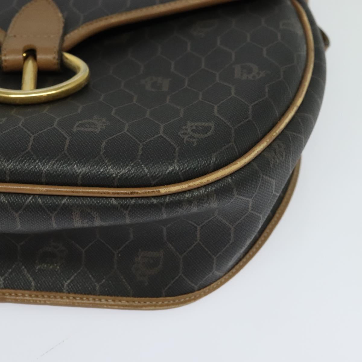 Christian Dior Honeycomb Canvas Shoulder Bag PVC Leather Black Brown Auth BA497