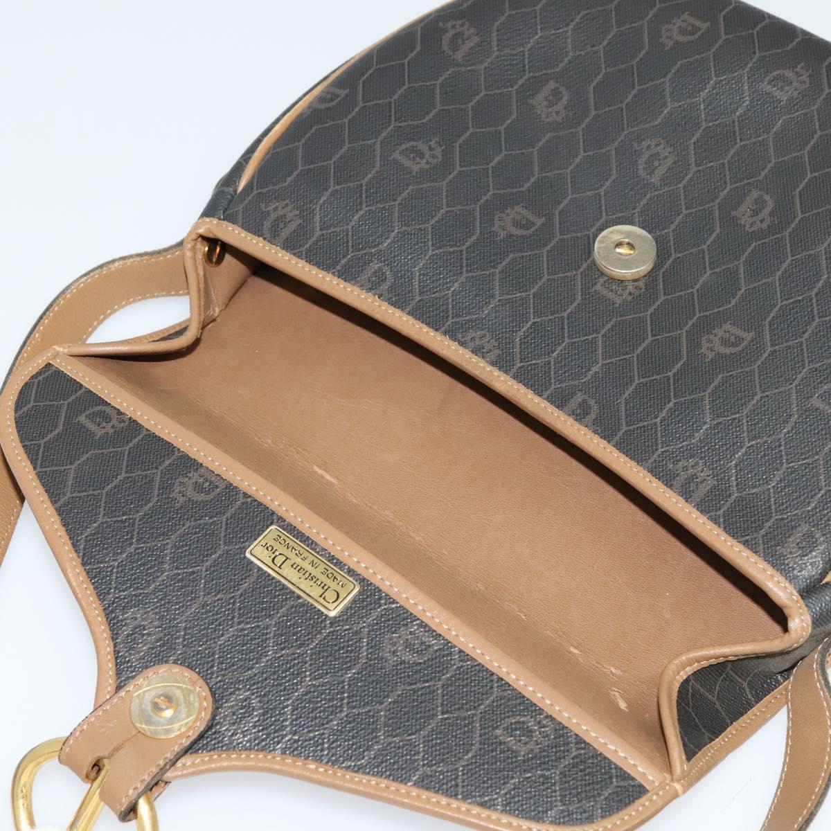 Christian Dior Honeycomb Canvas Shoulder Bag PVC Leather Black Brown Auth BA497