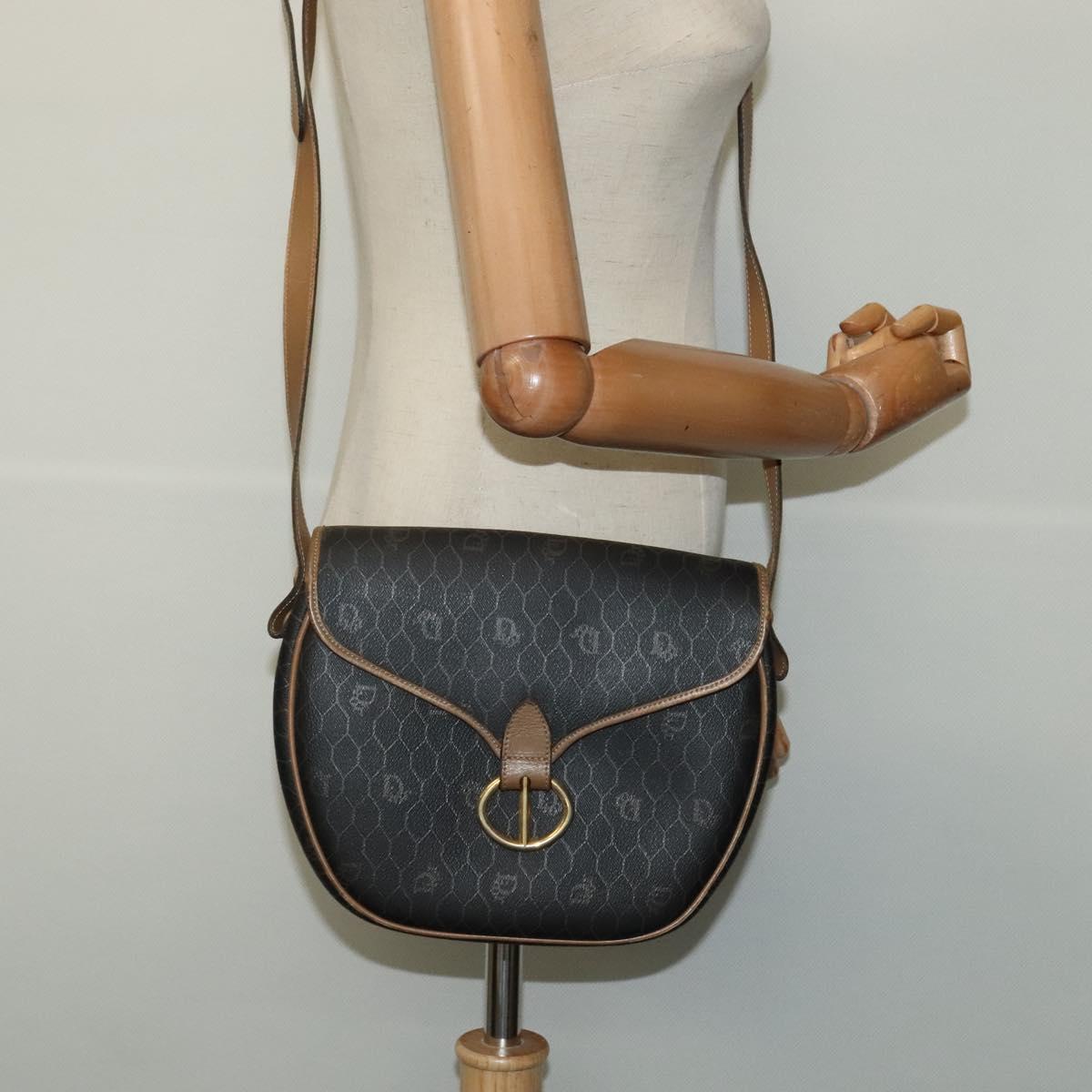 Christian Dior Honeycomb Canvas Shoulder Bag PVC Leather Black Brown Auth BA497