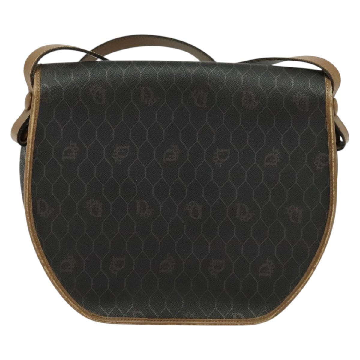Christian Dior Honeycomb Canvas Shoulder Bag PVC Leather Black Brown Auth BA497