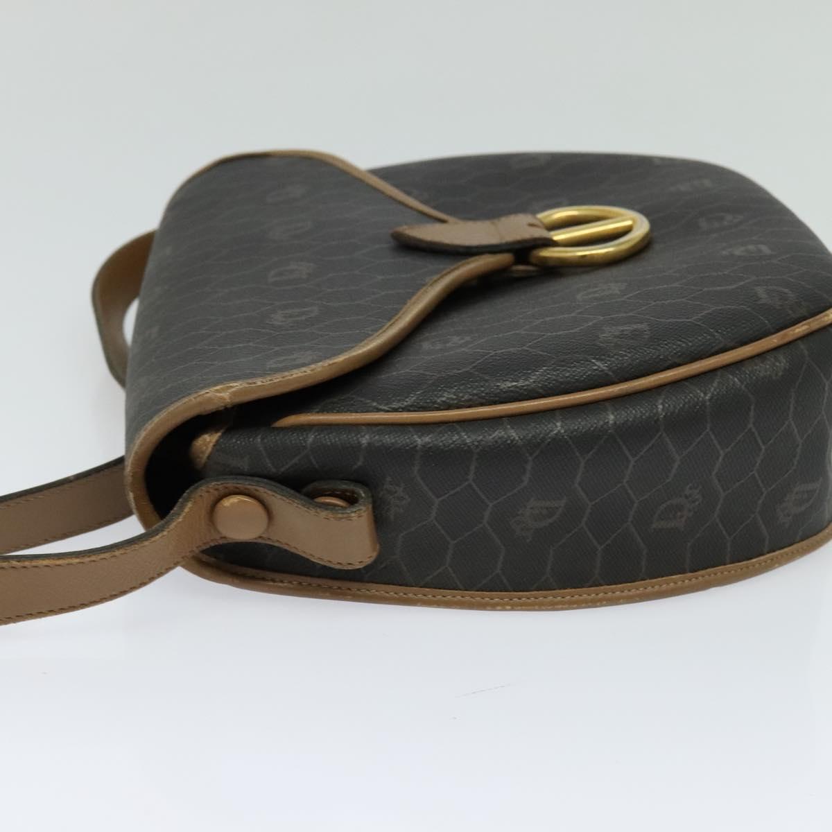 Christian Dior Honeycomb Canvas Shoulder Bag PVC Leather Black Brown Auth BA497