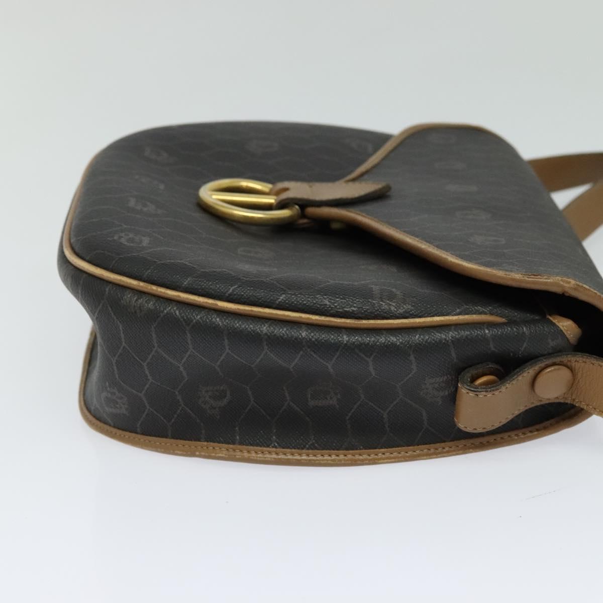 Christian Dior Honeycomb Canvas Shoulder Bag PVC Leather Black Brown Auth BA497