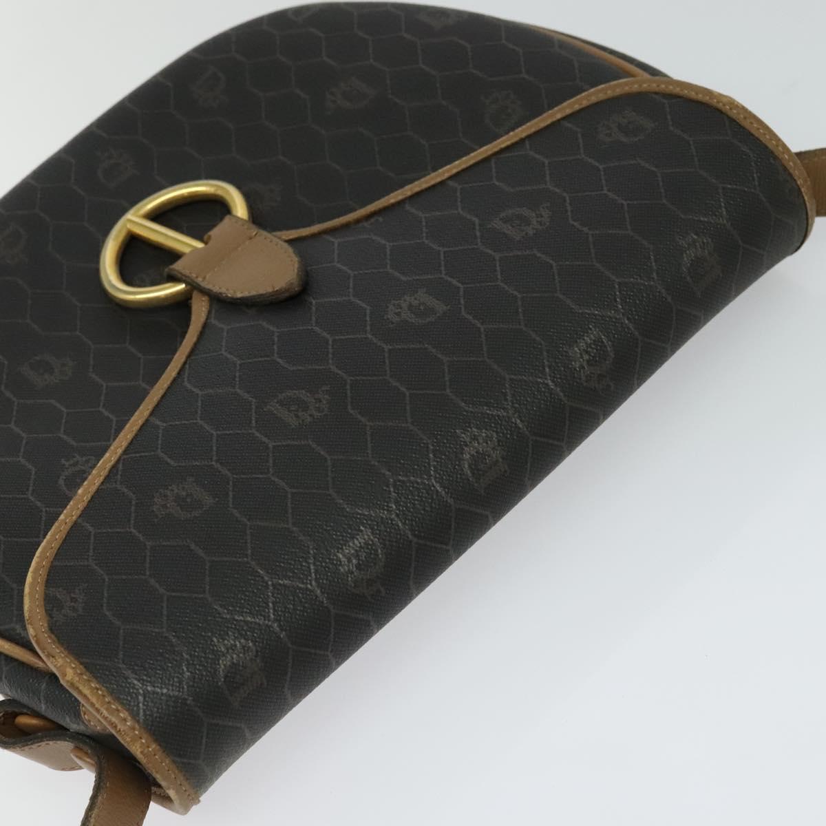 Christian Dior Honeycomb Canvas Shoulder Bag PVC Leather Black Brown Auth BA497