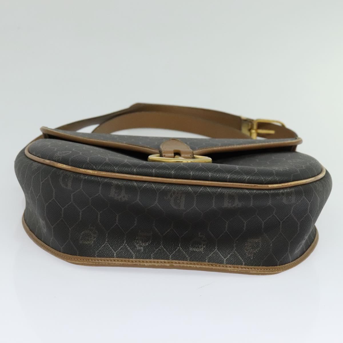 Christian Dior Honeycomb Canvas Shoulder Bag PVC Leather Black Brown Auth BA497