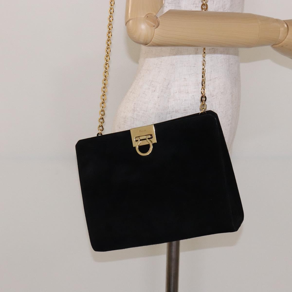 Salvatore Ferragamo Gancini Chain Shoulder Bag Suede Black Gold Auth BA5012