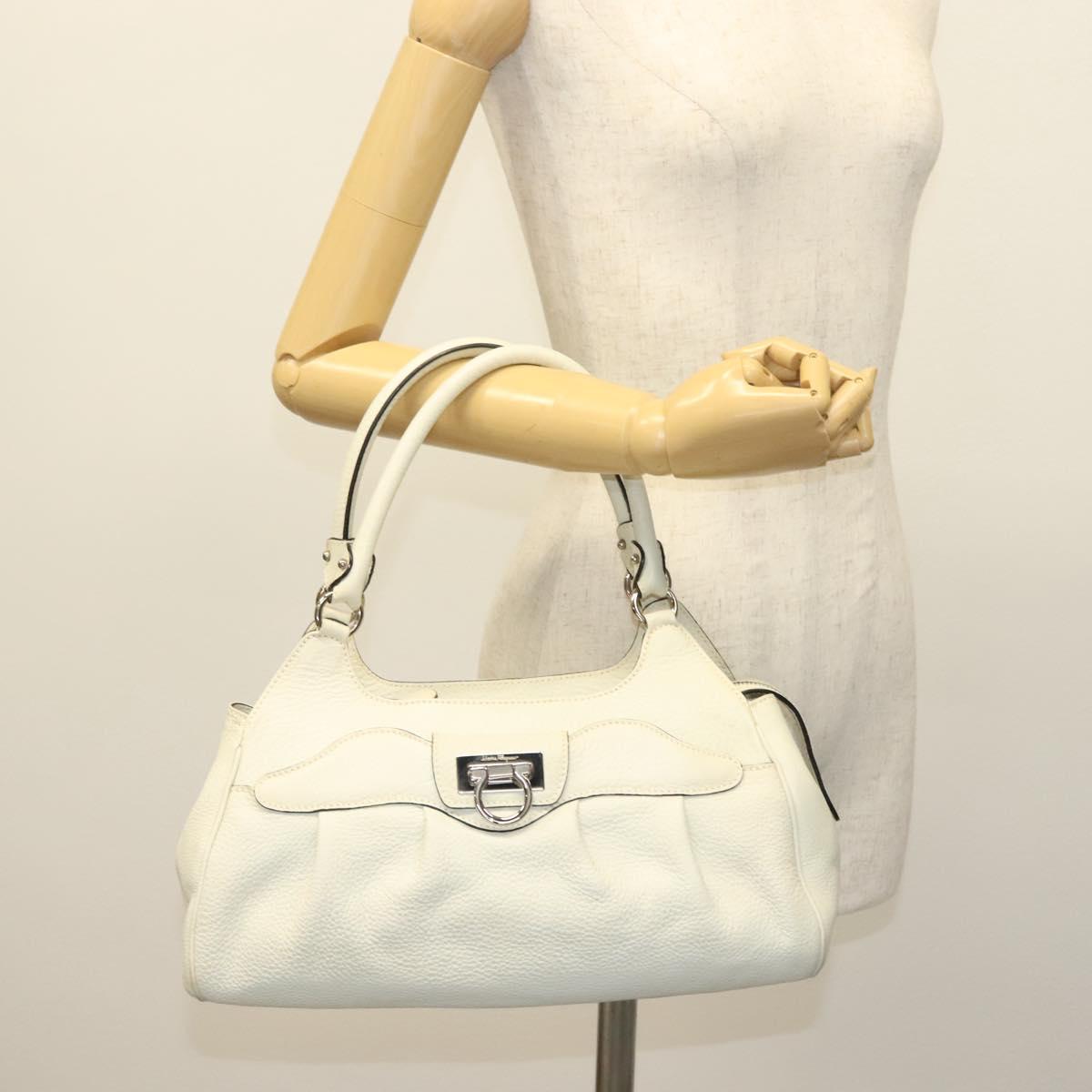 Salvatore Ferragamo Gancini Hand Bag Leather White Silver Auth BA5015