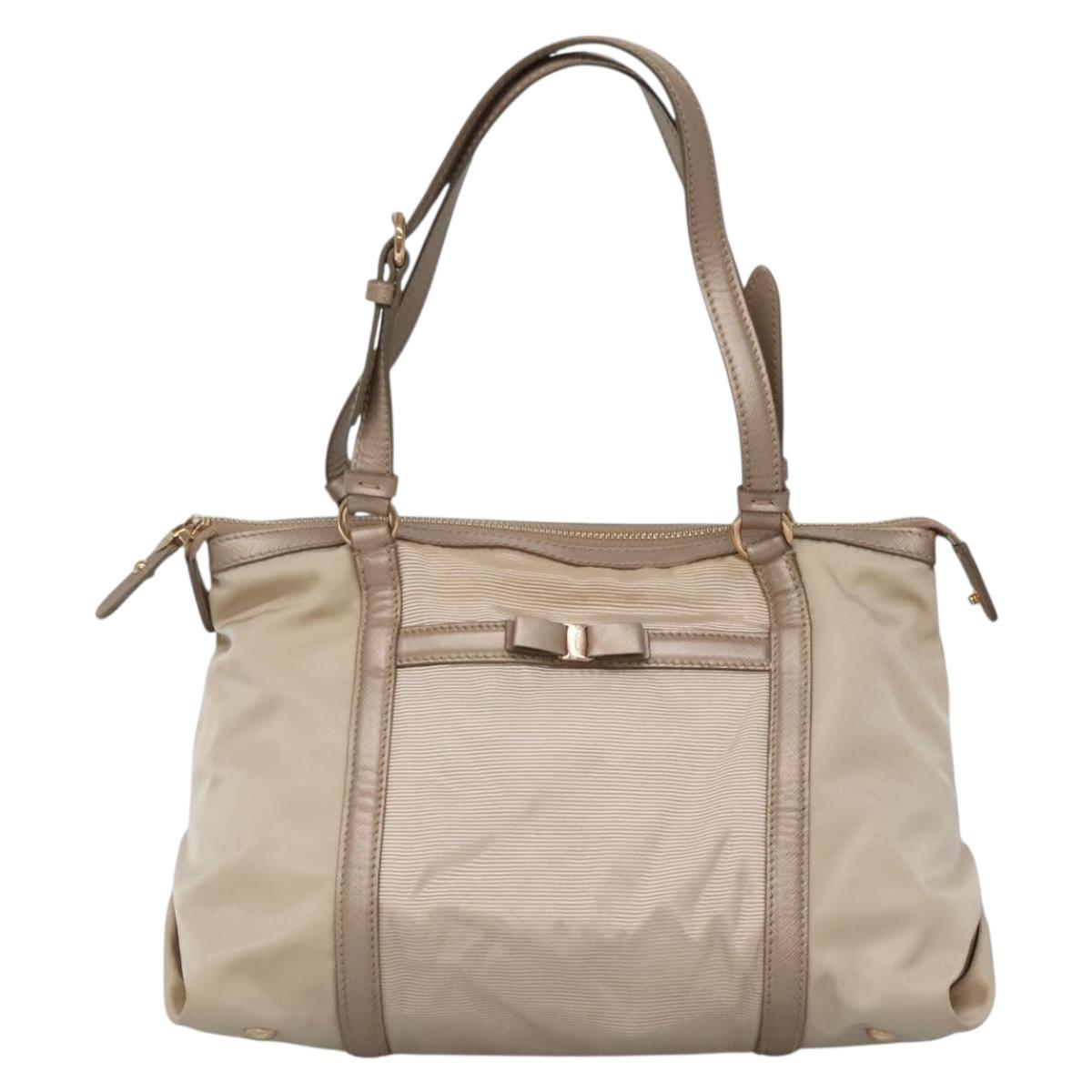 Salvatore Ferragamo Vala Hand Bag Nylon Beige Gold Auth BA5017